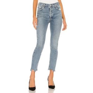 AGOLDE Nico High Rise Slim Jeans 28 Raw Hem Distressed Light Wash Button Fly